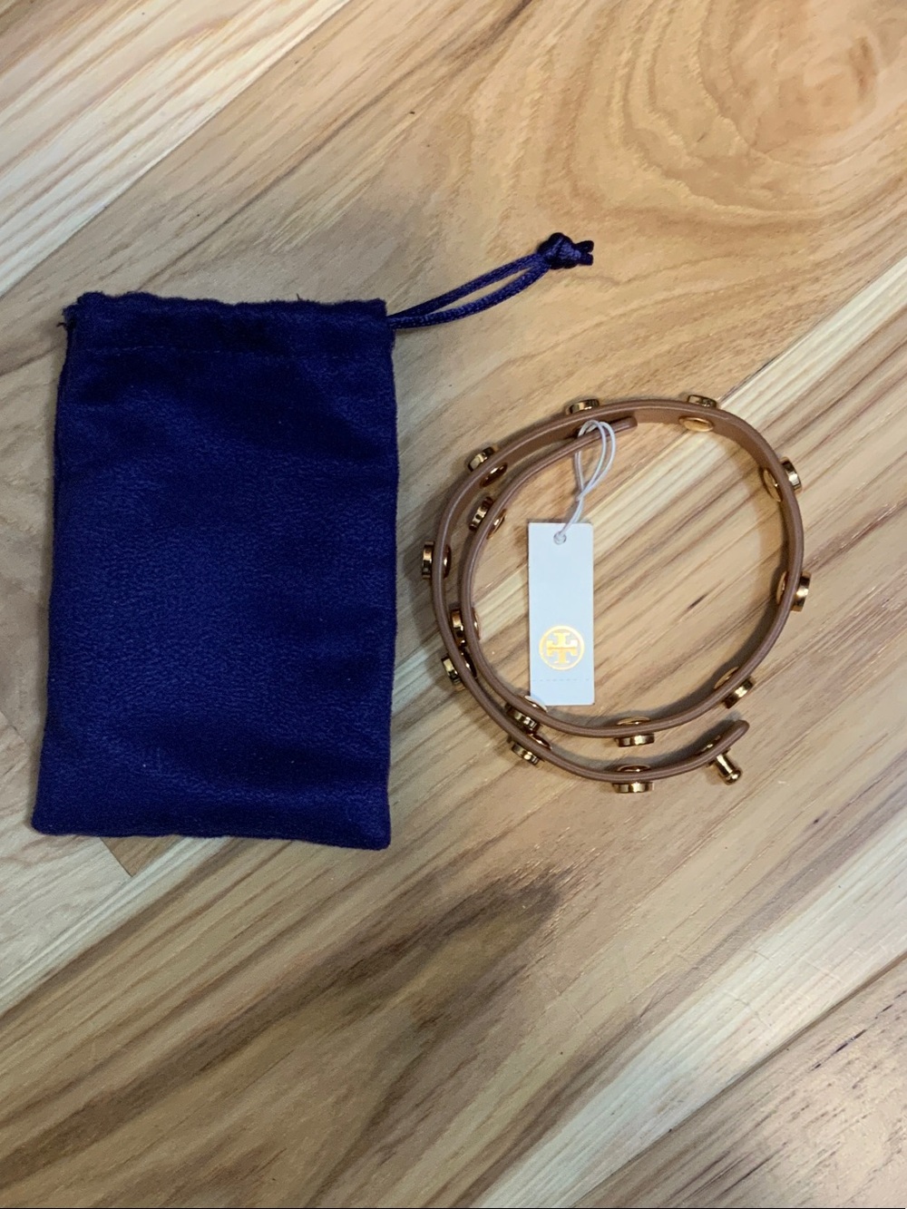 Tory Burch Tan Leather Wrap Bracelet with Gold Studs